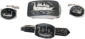 Siam Nielloware Sterling Vintage Cufflink Tie Bar Buckle Set Original Box ES9440