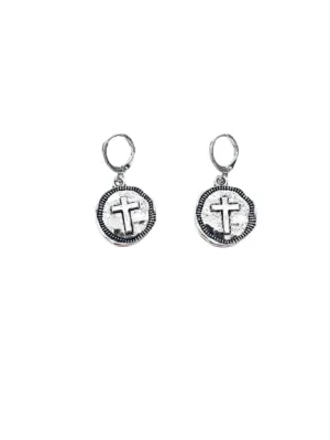 Silver Cross Coin Earrings Faith Inspire Hope Textured Crosses Pattern Round