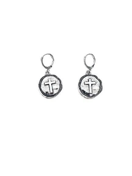 Silver Cross Coin Earrings Faith Inspire Hope Textured Crosses Pattern Round