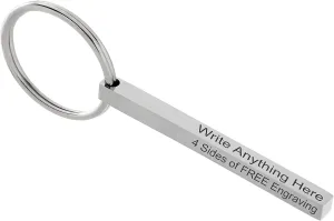 Silver Custom Engraved Keychain. 4 Sides of FREE engraving. Make a Customizable, Engravable, Vertical Personal Key Chain with Ring. Gift for Women, Men, boyfriend, dog, couples, husband, son and more.