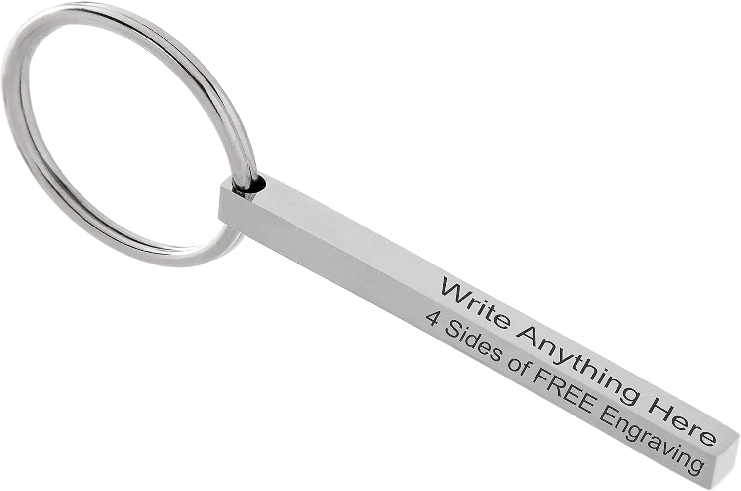 Silver Custom Engraved Keychain. 4 Sides of FREE engraving. Make a Customizable, Engravable, Vertical Personal Key Chain with Ring. Gift for Women, Men, boyfriend, dog, couples, husband, son and more.