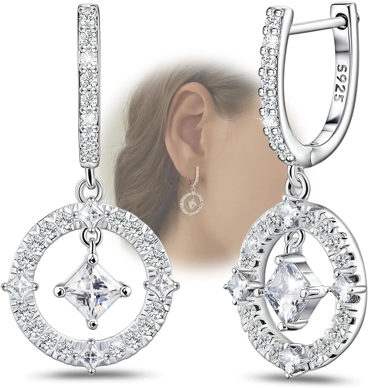 Silver Hoop Earrings with Dangle Circle - Sterling Silver Hypoallergenic Loop Earrings for Women Square Cubic Zironcia Dangling Hoop Earrings for Sensitive Ears Fashion Simple Lightweight Earring Gift