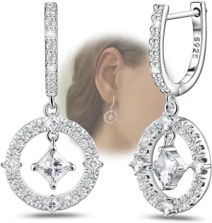 Silver Hoop Earrings with Dangle Circle - Sterling Silver Hypoallergenic Loop Earrings for Women Square Cubic Zironcia Dangling Hoop Earrings for Sensitive Ears Fashion Simple Lightweight Earring Gift