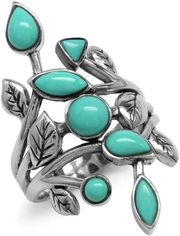 Silvershake Created Green Turquoise 925 Sterling Silver Leaf Vintage Style Ring Size 6