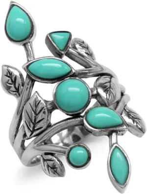 Silvershake Created Green Turquoise 925 Sterling Silver Leaf Vintage Style Ring Size 9