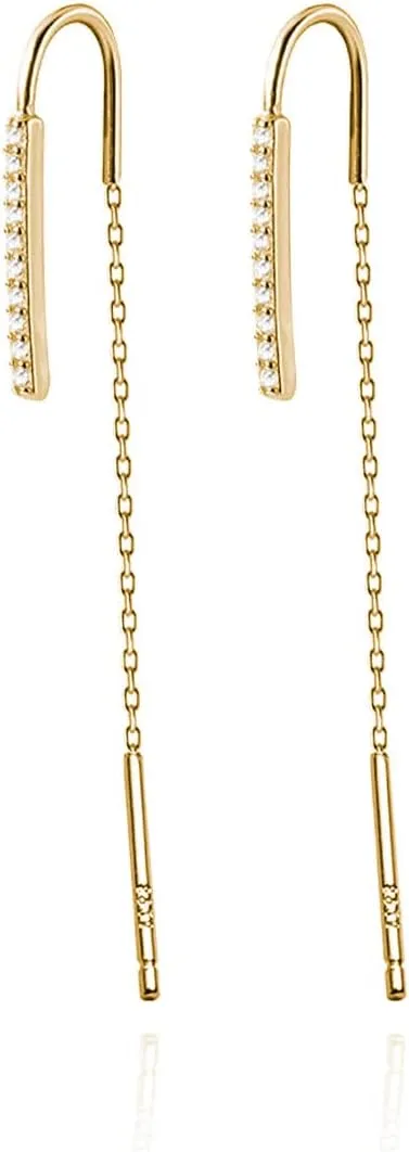 SLUYNZ 925 Sterling Silver Bar Threader Earrings Dangle for Women Teens CZ Chain Dangle Earrings Drop Tassel