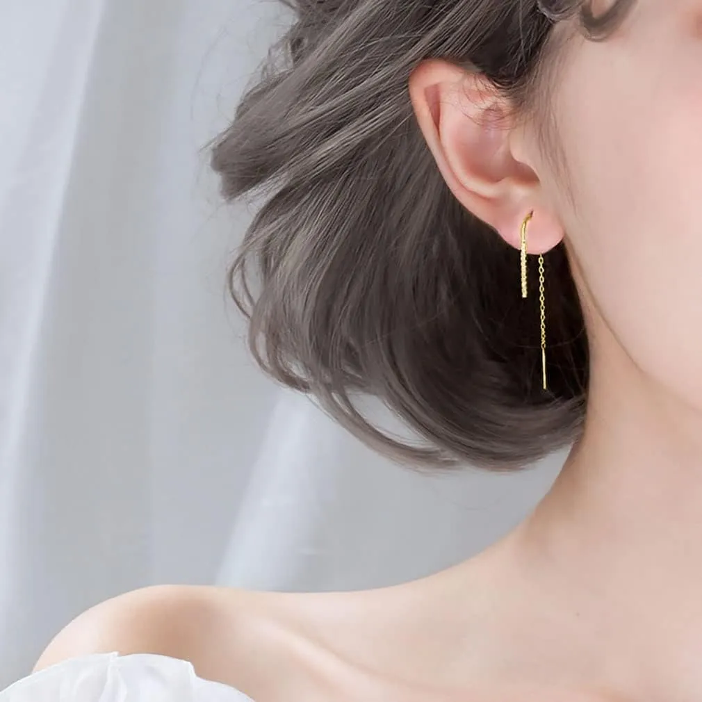 SLUYNZ 925 Sterling Silver Bar Threader Earrings Dangle for Women Teens CZ Chain Dangle Earrings Drop Tassel