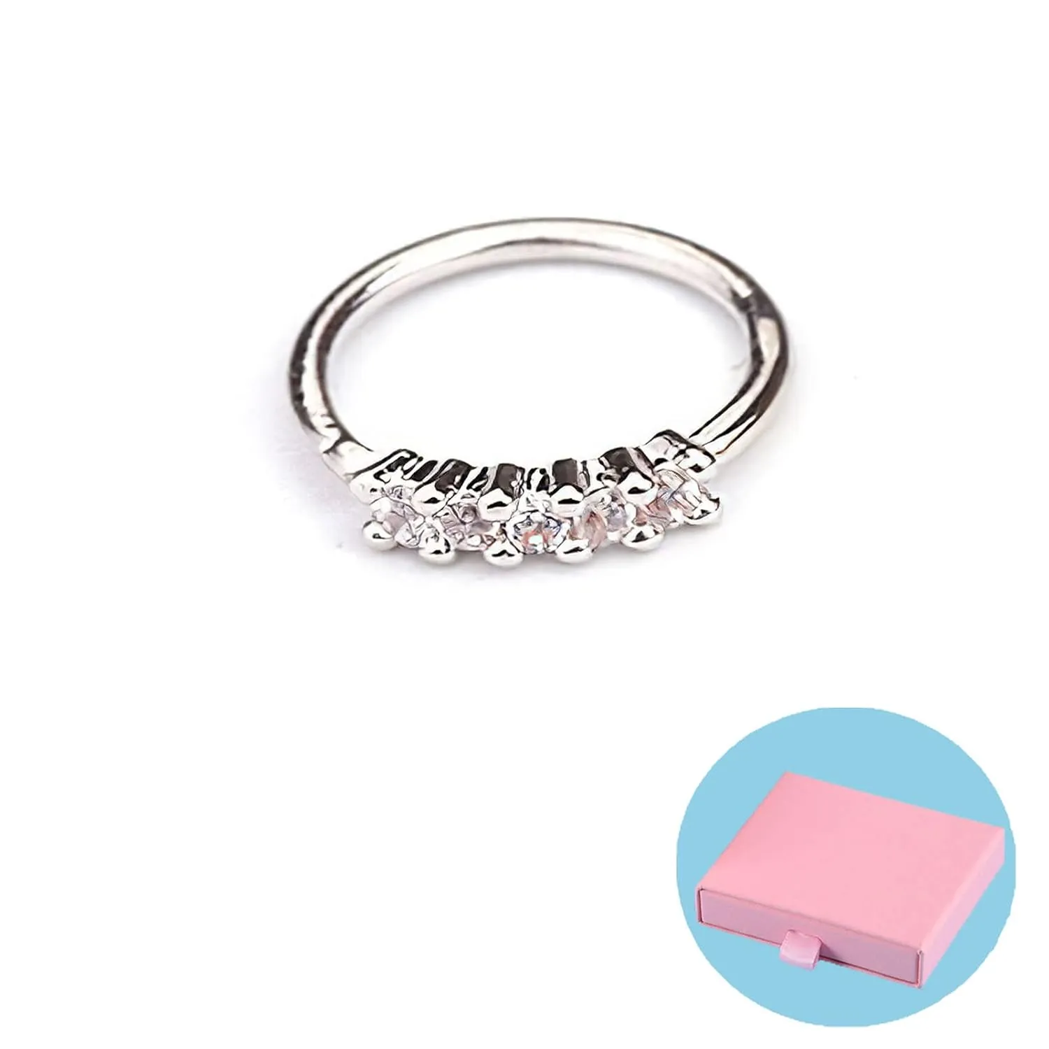 Small Gold Nose Ring Hoop for Women, Tiny Thin Clear CZ Surgical Steel Cartilage Earrings 316L Stainless Steel Nose Piercing Hoop Jewelry 8mm 202G (Silver, 5-stones)
