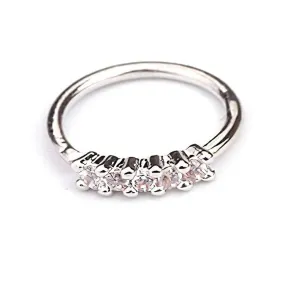 Small Gold Nose Ring Hoop for Women, Tiny Thin Clear CZ Surgical Steel Cartilage Earrings 316L Stainless Steel Nose Piercing Hoop Jewelry 8mm 202G (Silver, 5-stones)