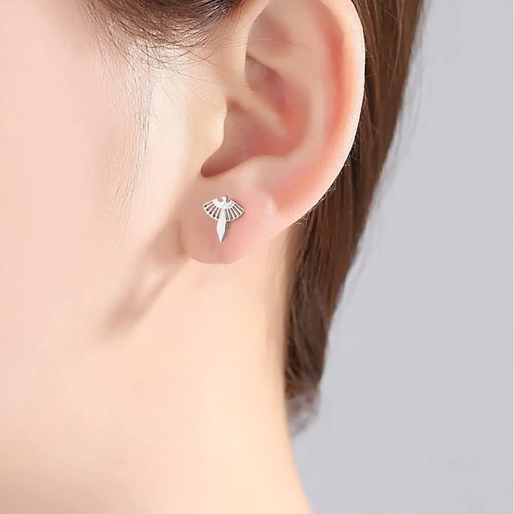 Small Phoenix Bird Stud Earrings for Women Girls Stainless Steel Hypoallergenic Minimalist Polished Tiny Animal Dove Cartilage Earring Fashion Hollow Out Birthday Christmas Holiday Jewelry Dainty Gifts
