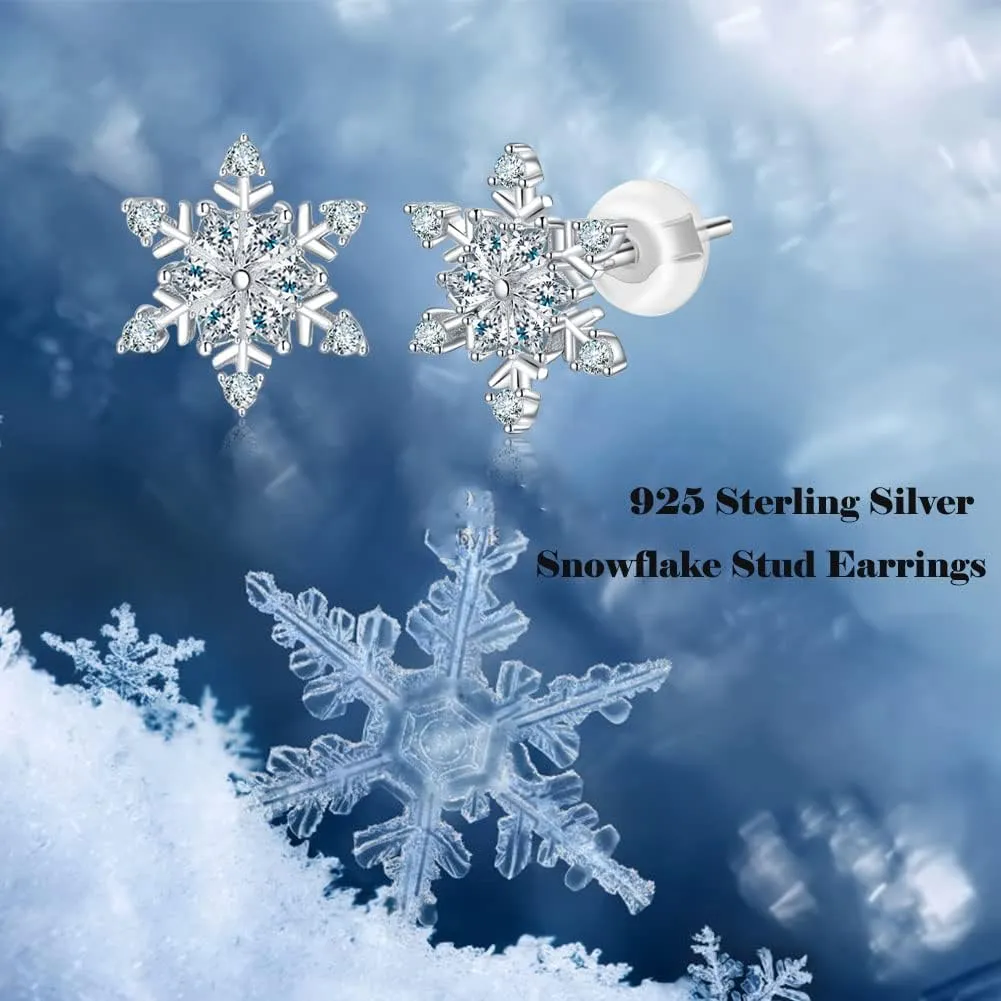 Snowflake Earrings for Women Girls 925 Sterling Silver Stud Earrings Hypoallergenic Cubic Zirconia Earrings for Sensitive Ears Snowflake Jewelry Chrismas Gifts.