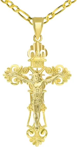 Solid 14K Yellow Gold Roman Catholic Cross with Jesus INRI Crucifix Pendant with Figaro Chain Necklace