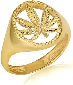 Sparkle Cut Marijuana Leaf Weed Textured Fine Ring Real Solid 10K Gold