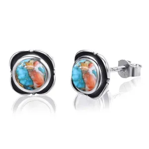 Spiny Oyster Copper Turquoise Gemstone Stud Earring 925 Sterling Silver Handmade Earring Round Shape Minimalist Everyday Earring For Women Gift For Her By NKG
