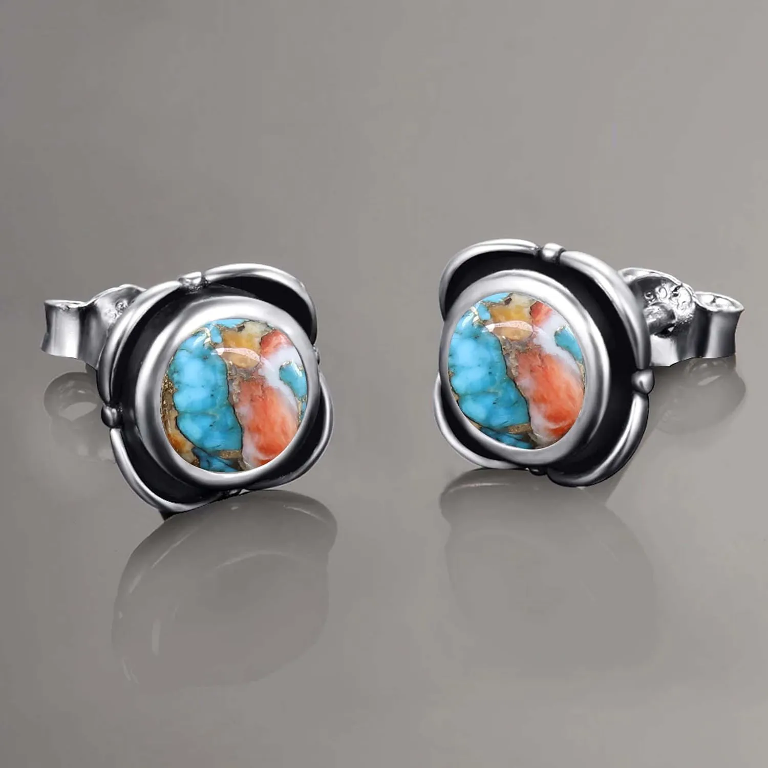 Spiny Oyster Copper Turquoise Gemstone Stud Earring 925 Sterling Silver Handmade Earring Round Shape Minimalist Everyday Earring For Women Gift For Her By NKG