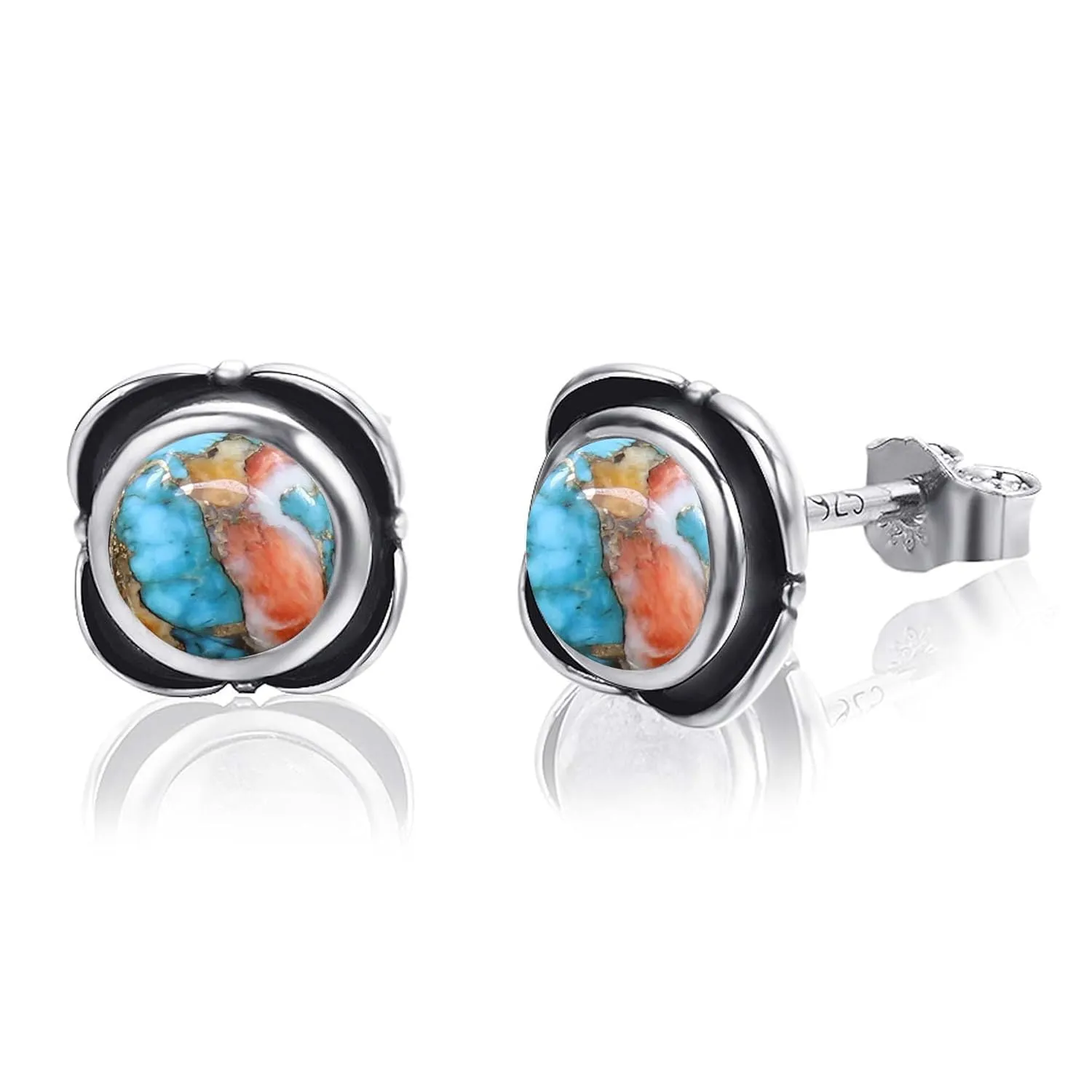 Spiny Oyster Copper Turquoise Gemstone Stud Earring 925 Sterling Silver Handmade Earring Round Shape Minimalist Everyday Earring For Women Gift For Her By NKG