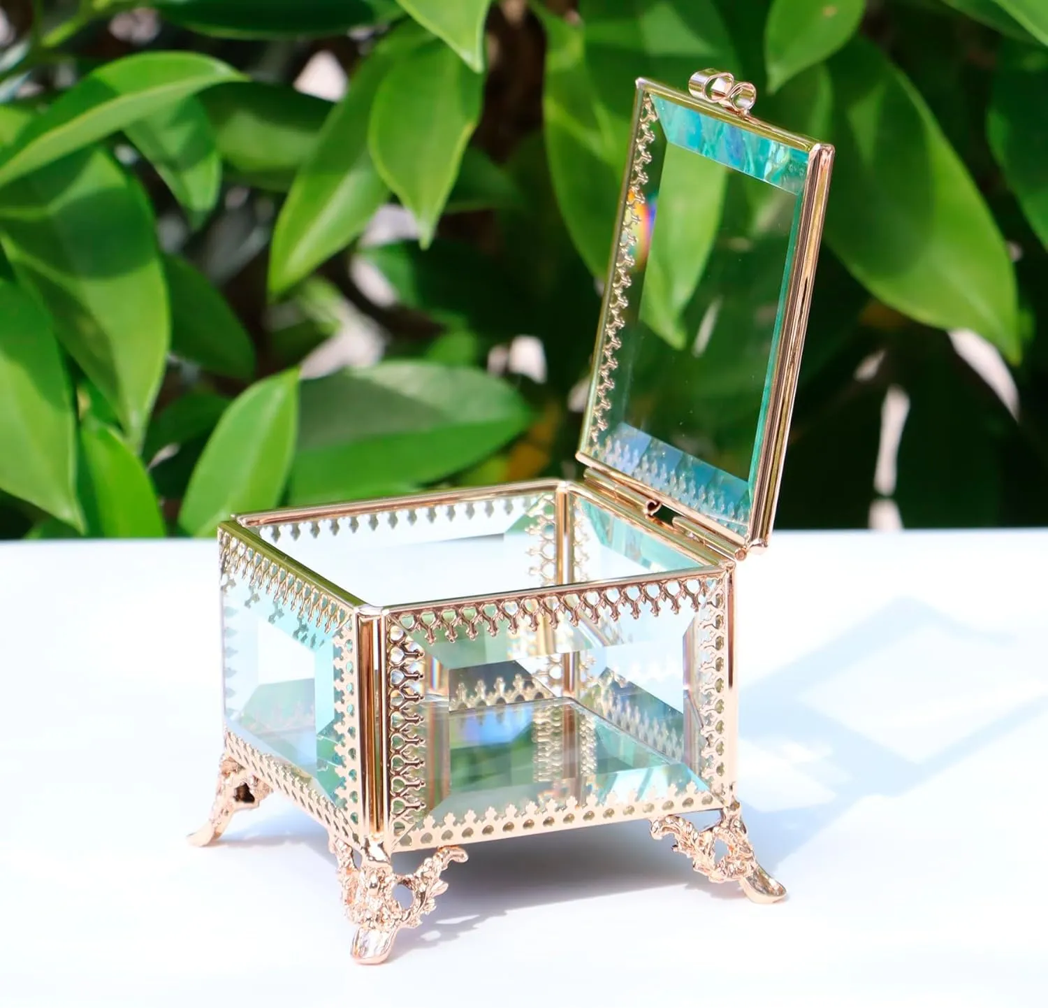 Square vintage Glass Jewelry Box with Hinged Lid, Jewelry Ring, Bracelet, Souvenir Metal Display Box, Transparent Storage Box.(3.8x3.8x3.5Inches)