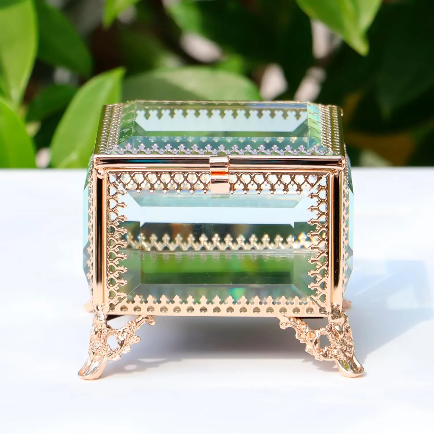 Square vintage Glass Jewelry Box with Hinged Lid, Jewelry Ring, Bracelet, Souvenir Metal Display Box, Transparent Storage Box.(3.8x3.8x3.5Inches)