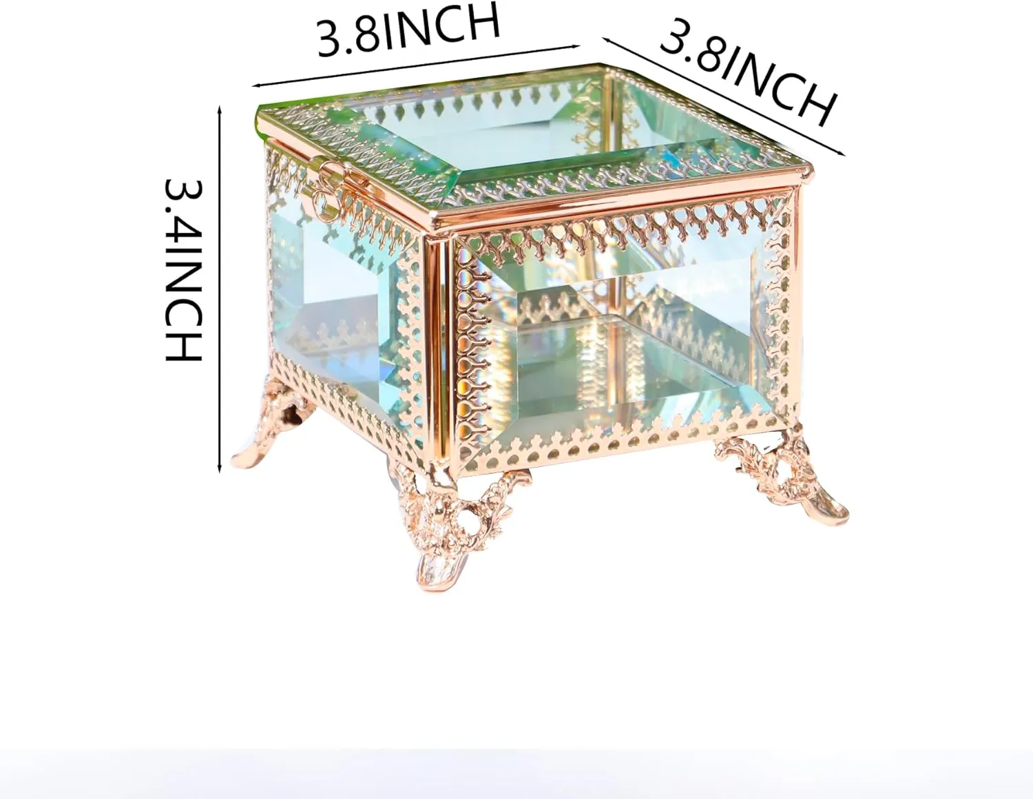 Square vintage Glass Jewelry Box with Hinged Lid, Jewelry Ring, Bracelet, Souvenir Metal Display Box, Transparent Storage Box.(3.8x3.8x3.5Inches)
