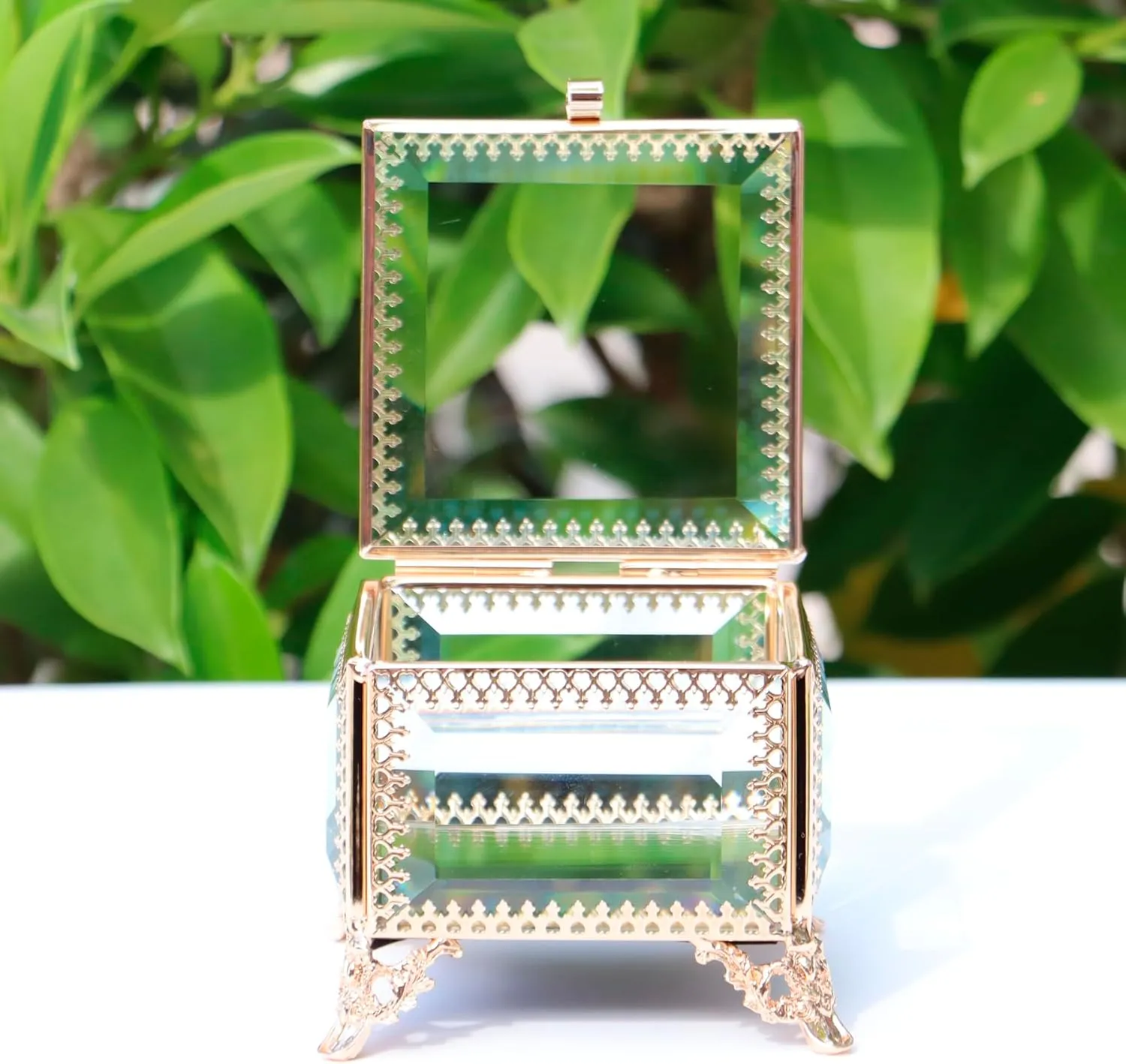 Square vintage Glass Jewelry Box with Hinged Lid, Jewelry Ring, Bracelet, Souvenir Metal Display Box, Transparent Storage Box.(3.8x3.8x3.5Inches)