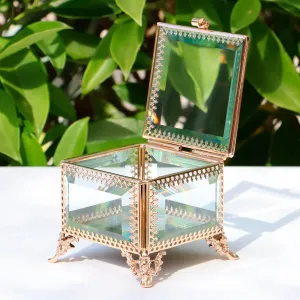 Square vintage Glass Jewelry Box with Hinged Lid, Jewelry Ring, Bracelet, Souvenir Metal Display Box, Transparent Storage Box.(3.8x3.8x3.5Inches)