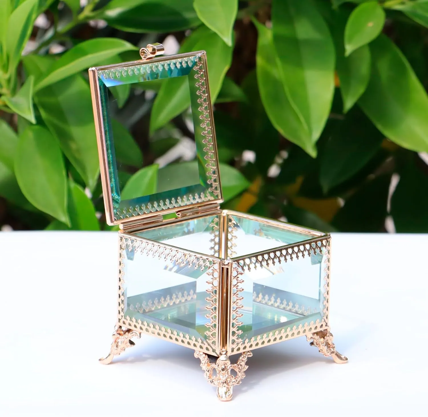 Square vintage Glass Jewelry Box with Hinged Lid, Jewelry Ring, Bracelet, Souvenir Metal Display Box, Transparent Storage Box.(3.8x3.8x3.5Inches)