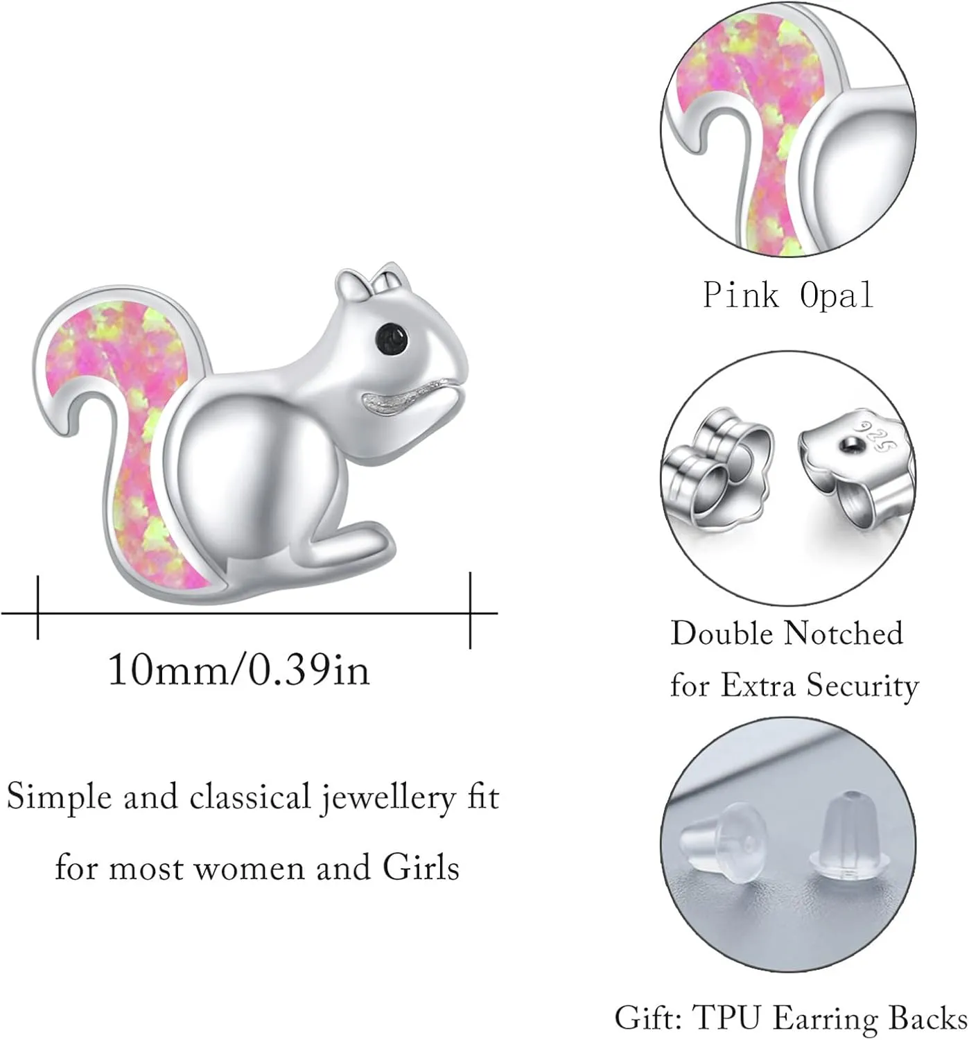 Squirrel Earrings Sterling Silver Cute Opal Little Squirrel Earrings Hypoallergenic Stud Lovely Small Animal Jewelry Gift for Women Girlfriend Daughter Teen Sensitive Ears