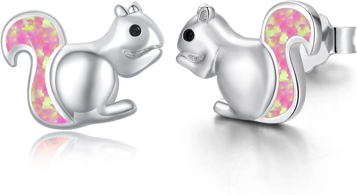 Squirrel Earrings Sterling Silver Cute Opal Little Squirrel Earrings Hypoallergenic Stud Lovely Small Animal Jewelry Gift for Women Girlfriend Daughter Teen Sensitive Ears