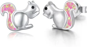 Squirrel Earrings Sterling Silver Cute Opal Little Squirrel Earrings Hypoallergenic Stud Lovely Small Animal Jewelry Gift for Women Girlfriend Daughter Teen Sensitive Ears