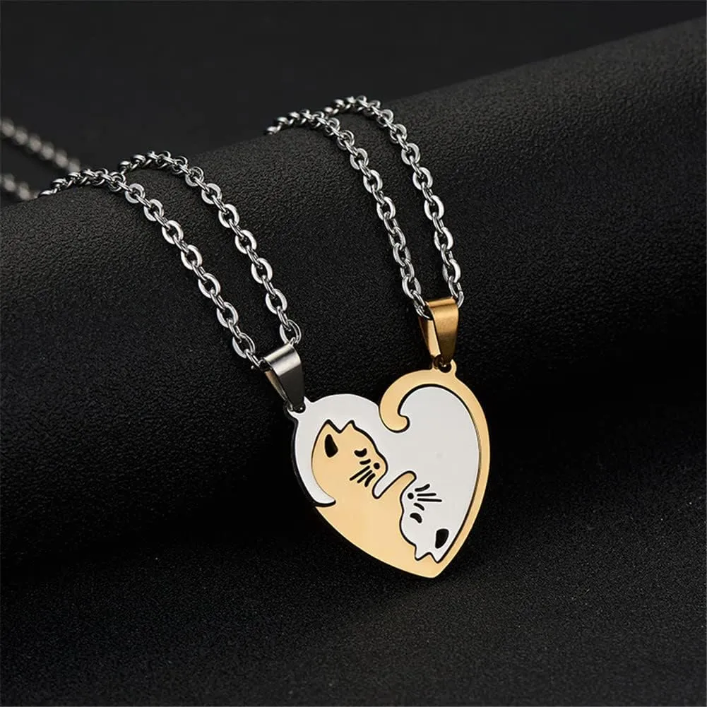 Stainless Steel Cat Kitty Necklace for Women Men Matching Cat Love Heart Yin Yang Necklace for Couples Friendship Jewelry Gift