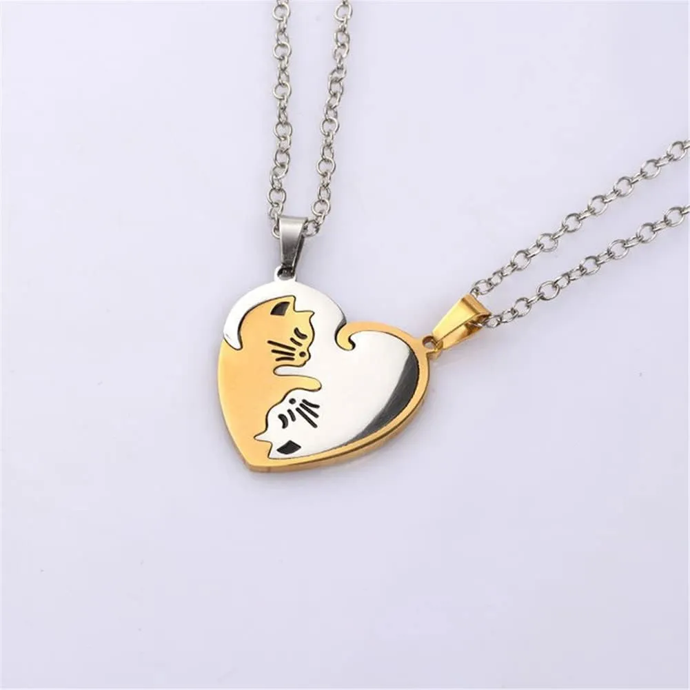 Stainless Steel Cat Kitty Necklace for Women Men Matching Cat Love Heart Yin Yang Necklace for Couples Friendship Jewelry Gift