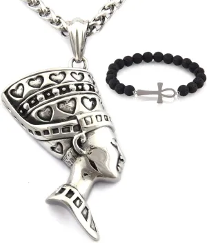 Stainless Steel Egyptian Queen Nefertiti Necklace Heart Pattern Pendant Amulet Jewelry