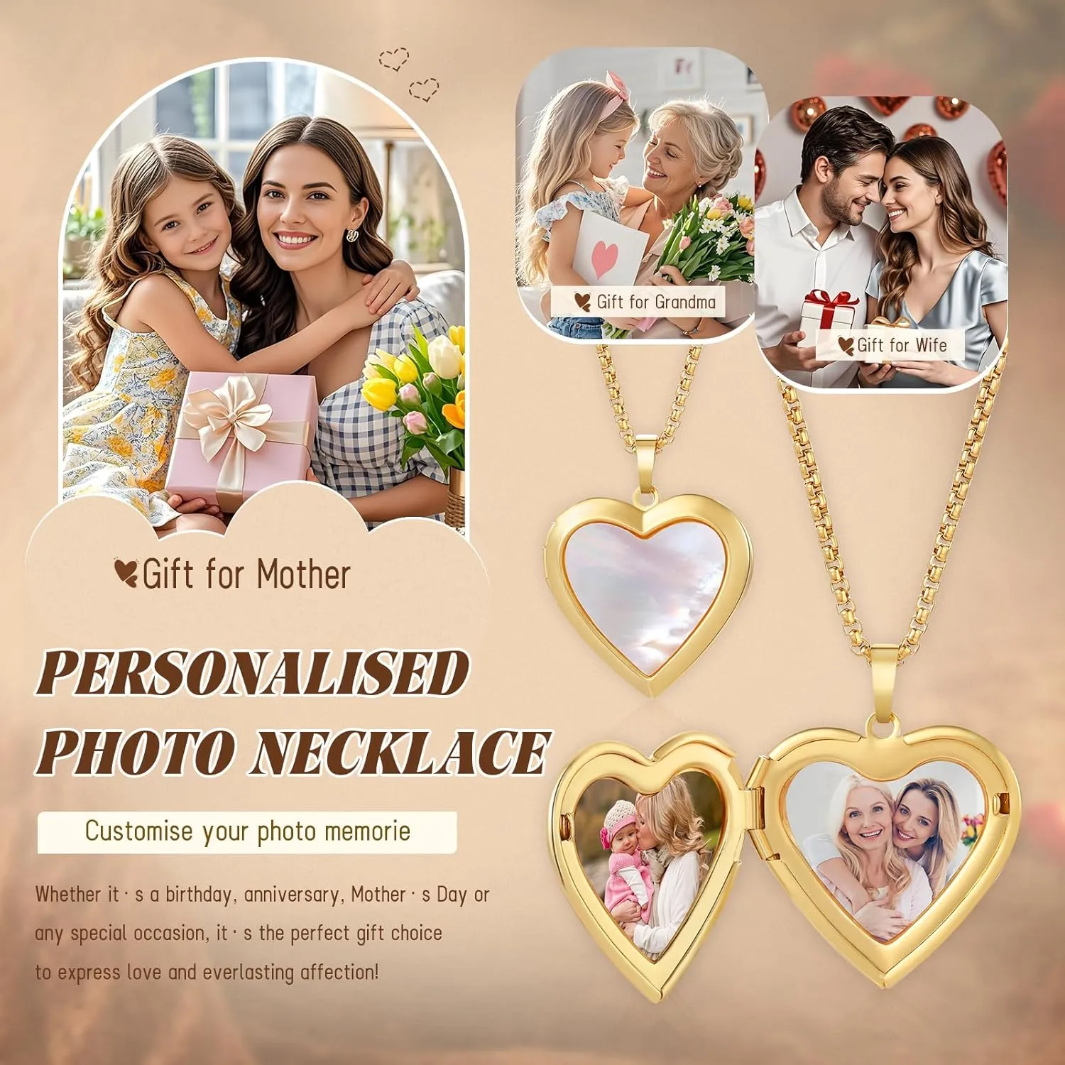 Stainless Steel Heart Locket Necklace - Birthday Flower Design Pendant with Picture Inside, Photo Locket Necklace for Women, Personalized Jewelry Gift for Mom, Wife, Daughter, Sister