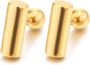 Steel Gold Color Bar Stud Earrings for Men Women, Minimalist Geometric Cylinder, Everyday Jewelry