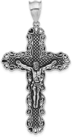 Sterling Silver Antiqued & Textured Large Floral Cross Jesus Pendant 67 mm x 35 mm