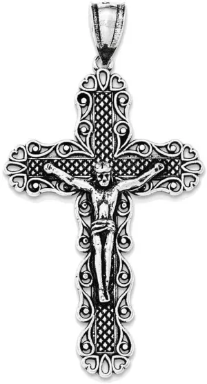 Sterling Silver Antiqued & Textured Large Floral Cross w/Jesus Pendant