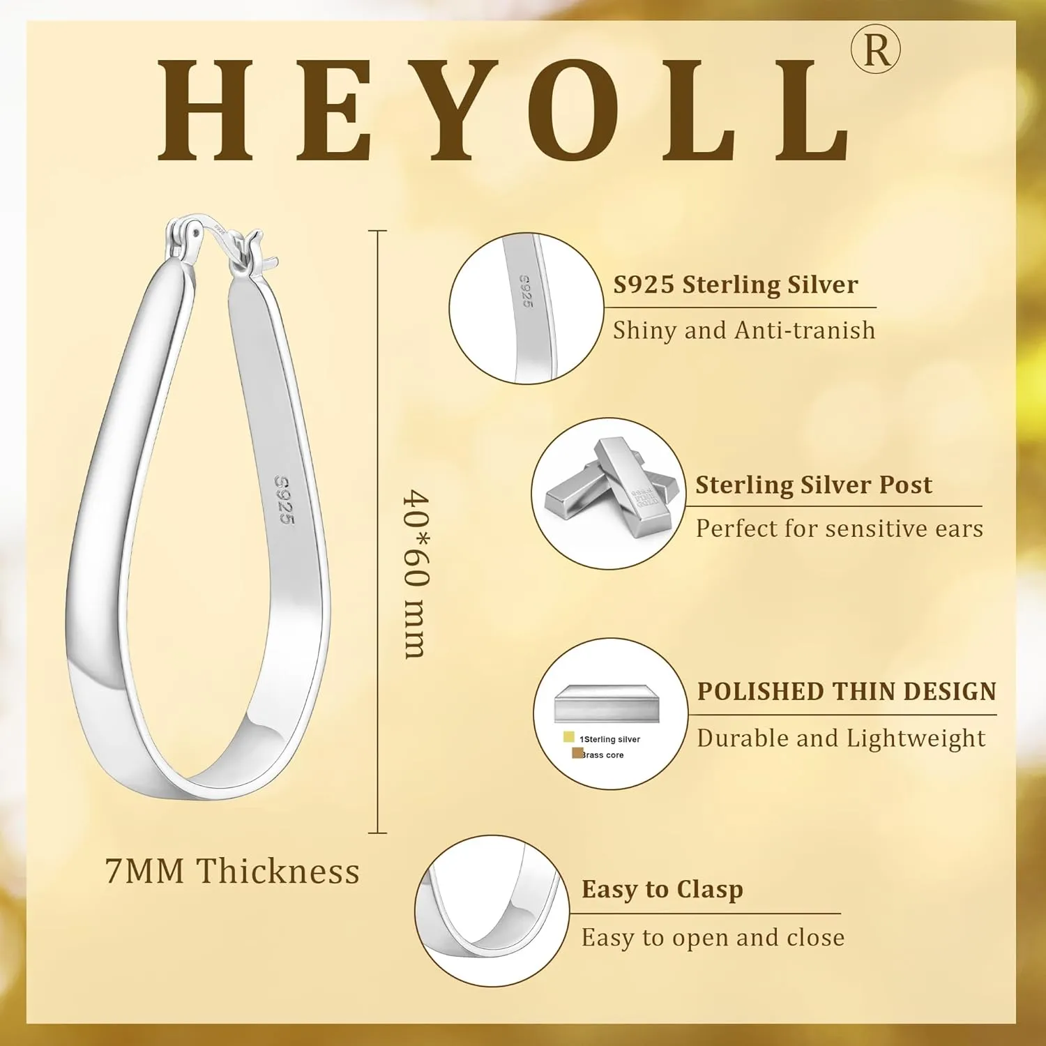 Sterling Silver Oval Hoop Earrings for Women Lightweight Large Hoop Earrings Chunky Big Gold Hypoallergenic Hoops Earrings Non Tarnish 30/40/50/60mm