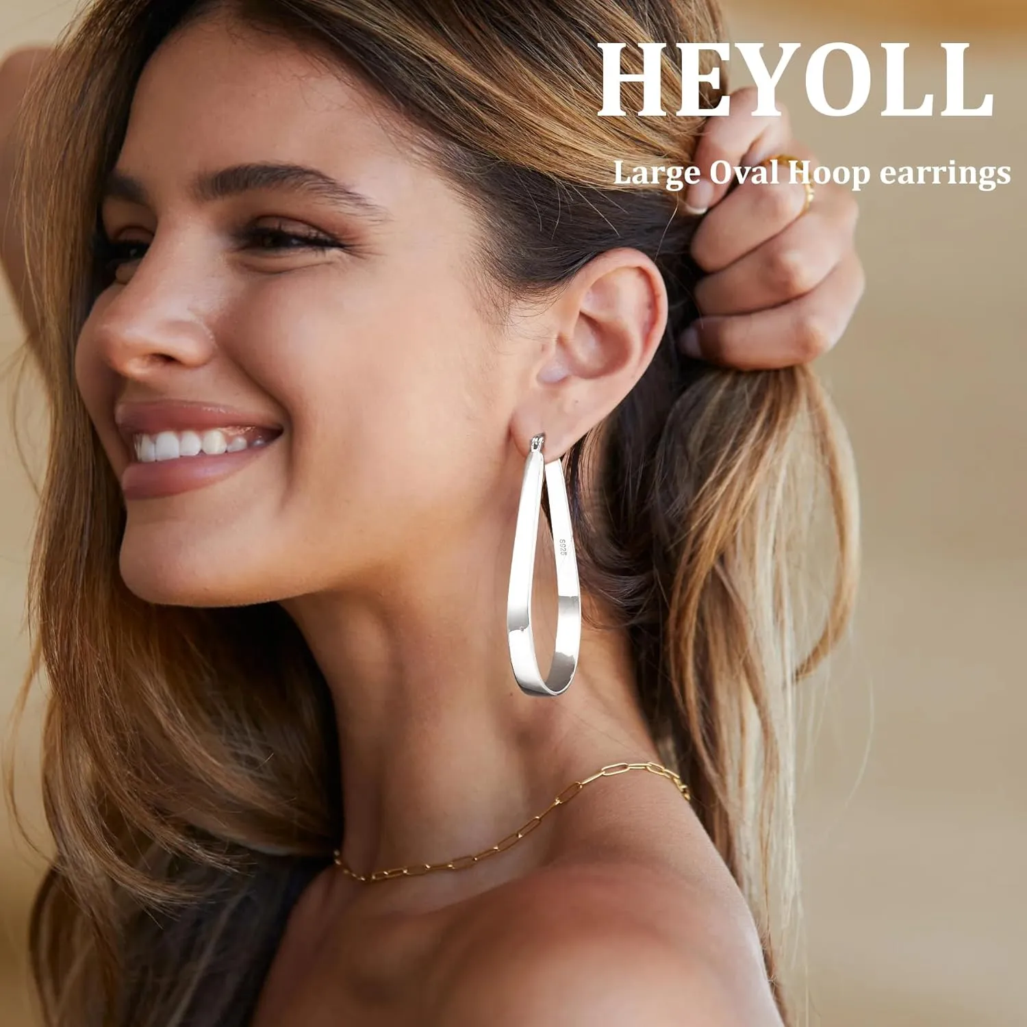Sterling Silver Oval Hoop Earrings for Women Lightweight Large Hoop Earrings Chunky Big Gold Hypoallergenic Hoops Earrings Non Tarnish 30/40/50/60mm