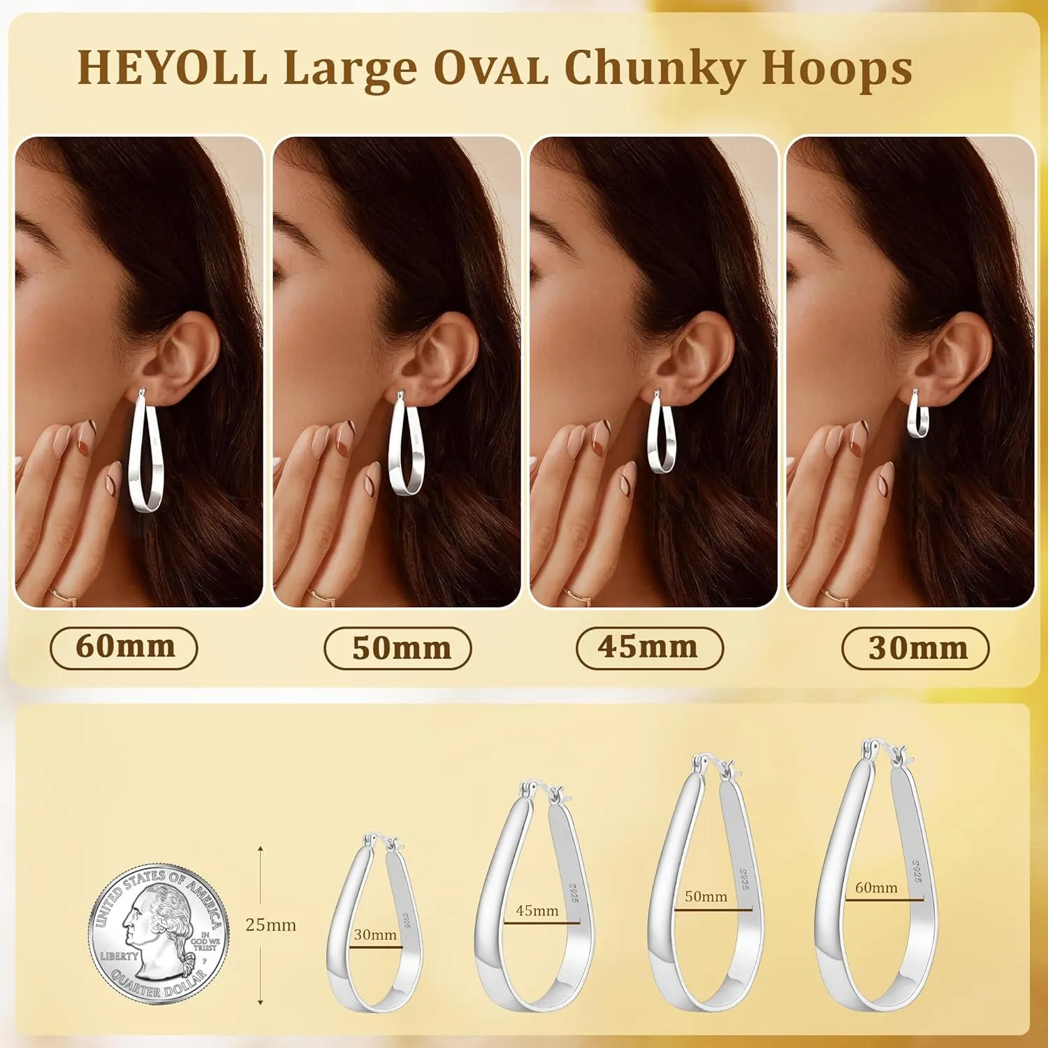 Sterling Silver Oval Hoop Earrings for Women Lightweight Large Hoop Earrings Chunky Big Gold Hypoallergenic Hoops Earrings Non Tarnish 30/40/50/60mm