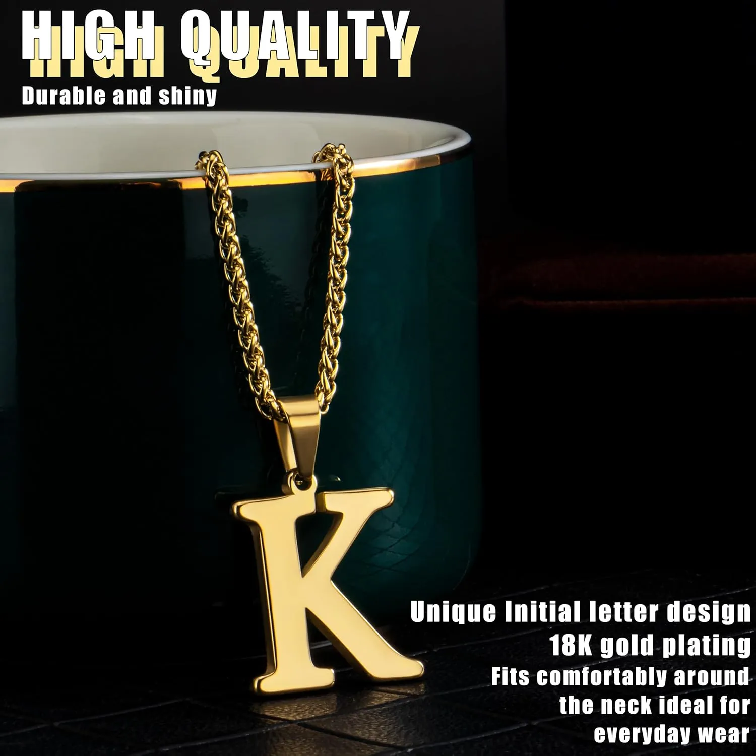 Suweibuke Initial Necklace for Men Women Boys Girls, 18K Gold Plated 26 Letters Pendant Necklace, Personalized Jewelry Gifts