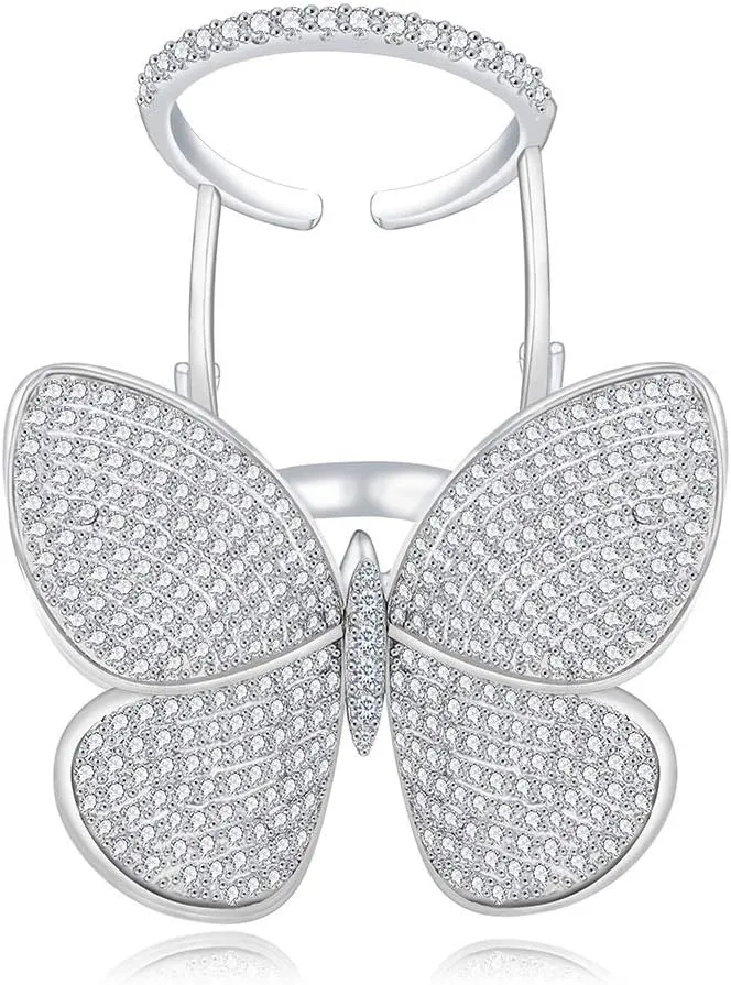TEMICO Moving and Flying Butterfly CZ Paved Platinum Plated Fashion Party Cocktail Ring Wide Band for Women