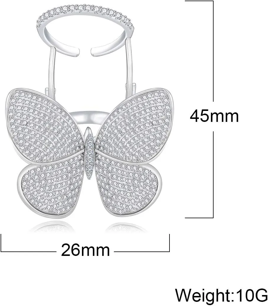 TEMICO Moving and Flying Butterfly CZ Paved Platinum Plated Fashion Party Cocktail Ring Wide Band for Women