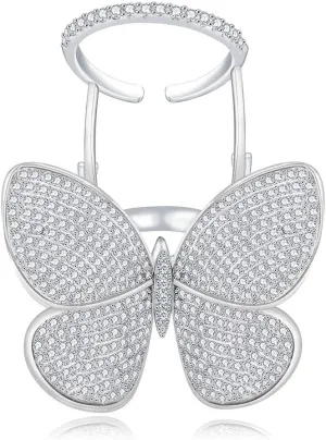 TEMICO Moving and Flying Butterfly CZ Paved Platinum Plated Fashion Party Cocktail Ring Wide Band for Women