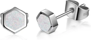 TGNEL 6mm Round/Hexagon Titanium Earrings Studs | Dainty Shiny Druzy/Simulated Opal Earrings Hypoallergenic for Women Sensitive Ears
