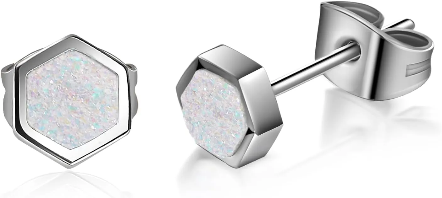 TGNEL 6mm Round/Hexagon Titanium Earrings Studs | Dainty Shiny Druzy/Simulated Opal Earrings Hypoallergenic for Women Sensitive Ears