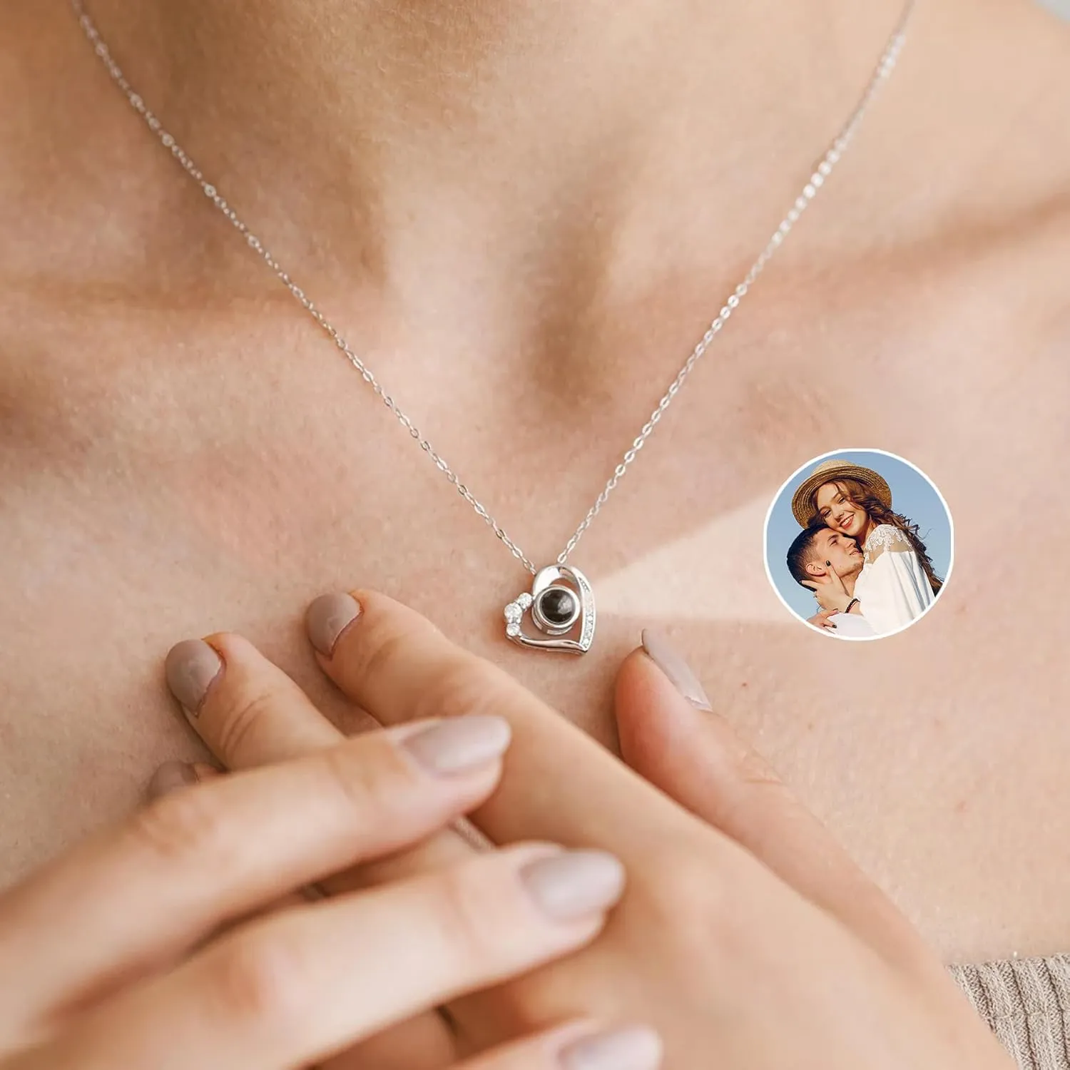 ThermoThrill Personalized Projection Necklace with Photo Inside, Custom Picture Love Heart Projection Pendant Necklace Photo Necklace Christmas Memorial Gifts for Couples Wife