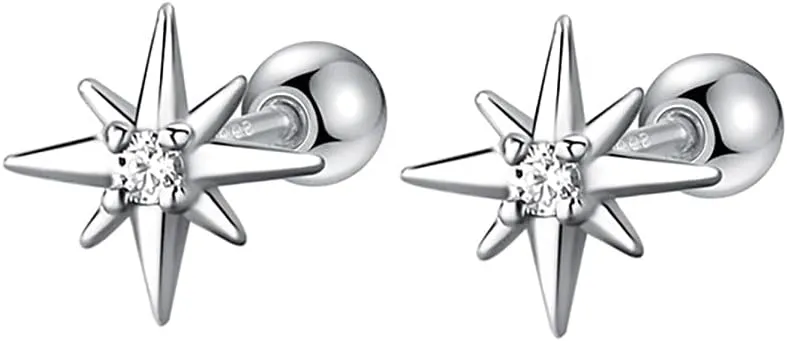 Tiny Star CZ Stud Earrings for Women 925 Sterling Silver Cute Crystal Screw Ball Back Cartilage Tragus Sleeper Mini Studs Earring Dainty Jewelry Gifts Hypoallergenic for Sensitive Ears 20G