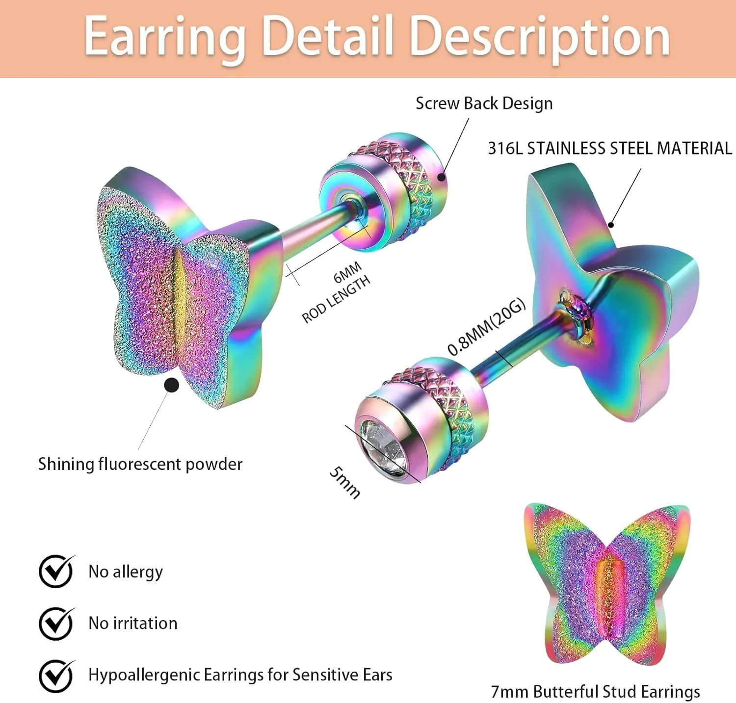 Titanium Star Butterfly Screw Back Earrings for Women Surgical Stainless Steel Hypoallergenic for Sensitive Ears Animal Ear Studs