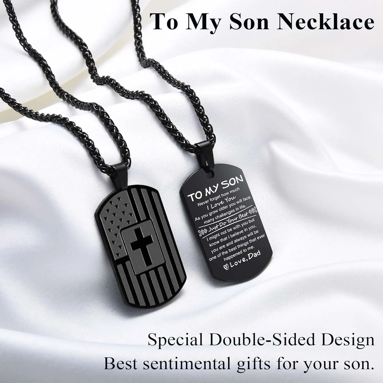 To My Son Husband Boyfriend American Flag Cross Necklace Dog Tag Pendant Chain Easter Valentines Fathers Day Christmas Birthday Graduation Thanksgiving Christian Religious Gifts for Boys Men Him