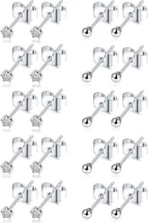 Tornito 10 Pairs 20G Stainless Steel Stud Earrings Small Cubic Zirconia Ball Earring Set For Women Men 2-4MM